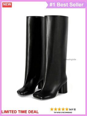Wide Calf Knee High Boots Chunky Block Heel Square Toe Tall Suede Pull On